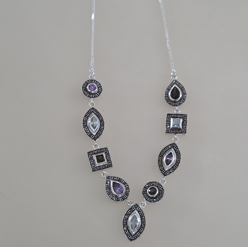 Vintage .925 Sterling Silver Marcasite Gem Necklace